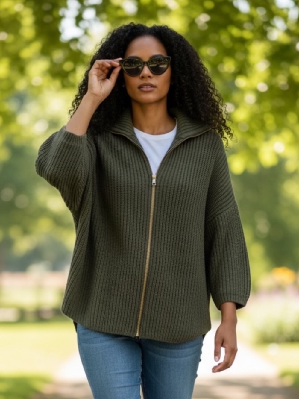 ABS ALLEN SCHWARTZ OLIVE GREEN KNIT GOLD FRONT ZIP HARDWARE HI LOW SWEATER XXL